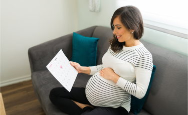 Une femme enceinte assise sur son canapé, regardant le calendrier de grossesse
